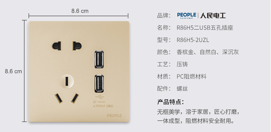 南宫NG·28相信品牌力量二USB五孔插座(R86H5) 